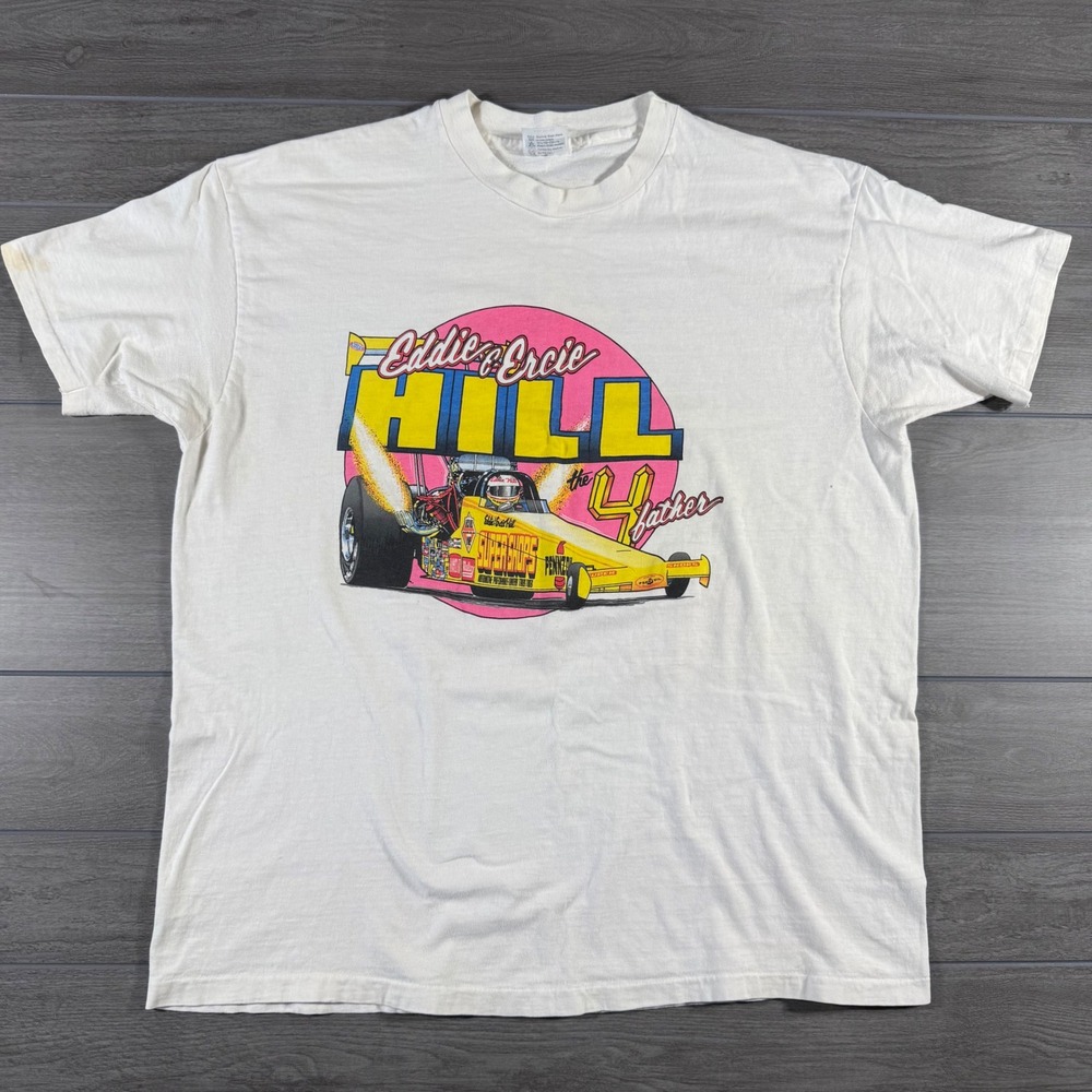 Hanes T-Shirt XXL White Vintage Eddie & Ercie Hill Drag Racing Super Shops Tee